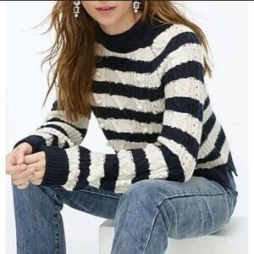 J. Crew Pom-pom cable-knit sweater in stripe 47582